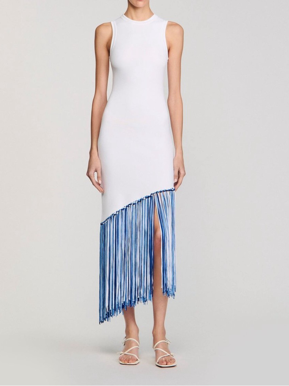 Sandro White Sleeveless Midi Dress with Blue Ombre Fringe size 42